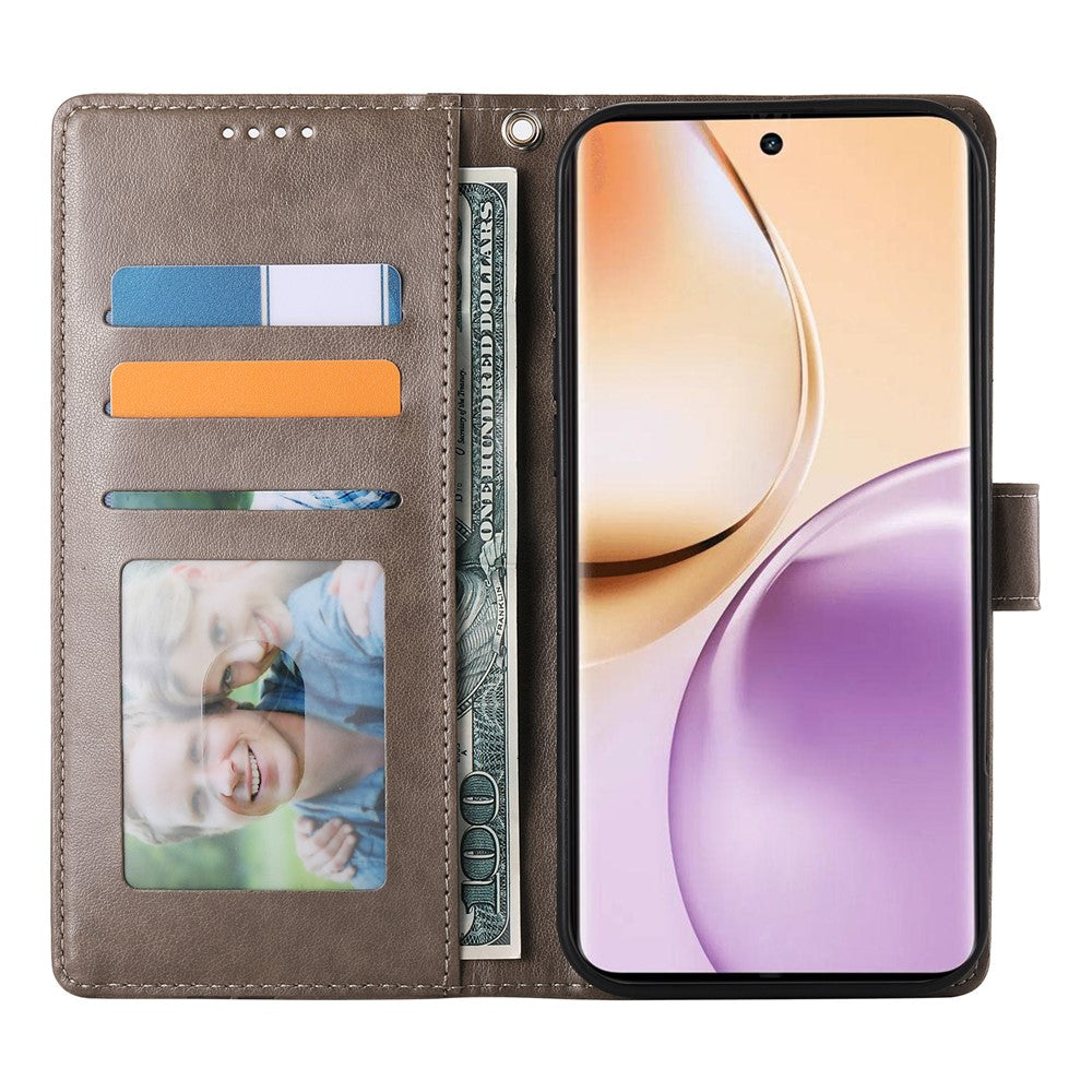 For Oppo Reno14 Pro 5G (Global) Wallet Case Butterfly Floral Imprint PU Leather Phone Cover with Wrist Strap - Grey