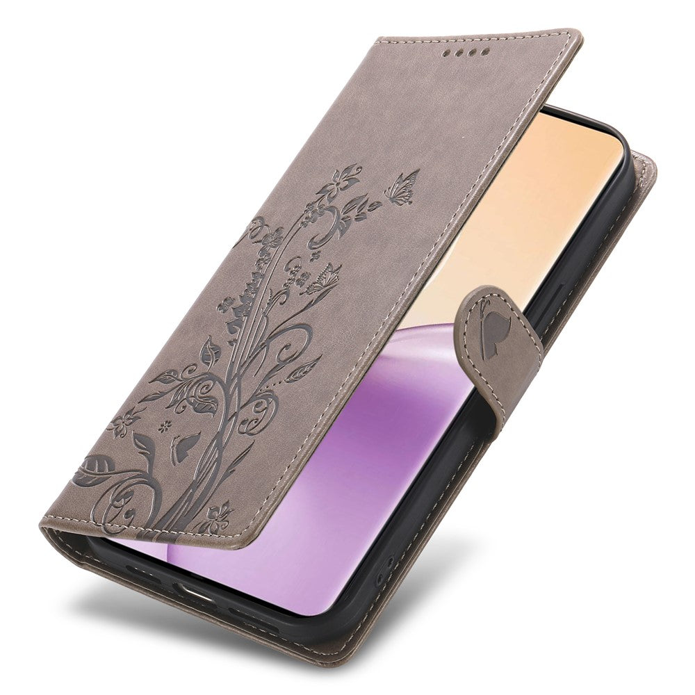 For Oppo Reno14 Pro 5G (Global) Wallet Case Butterfly Floral Imprint PU Leather Phone Cover with Wrist Strap - Grey