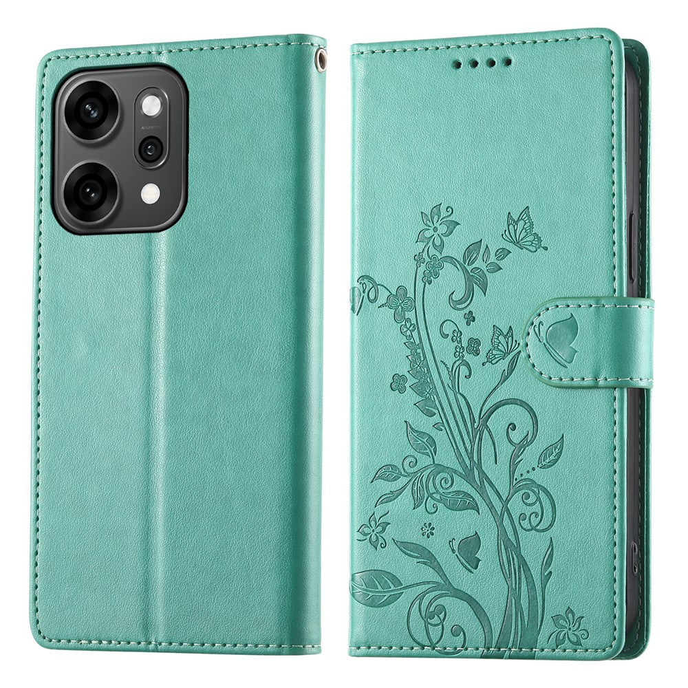 For Oppo Reno14 Pro 5G (Global) Wallet Case Butterfly Floral Imprint PU Leather Phone Cover with Wrist Strap - Green
