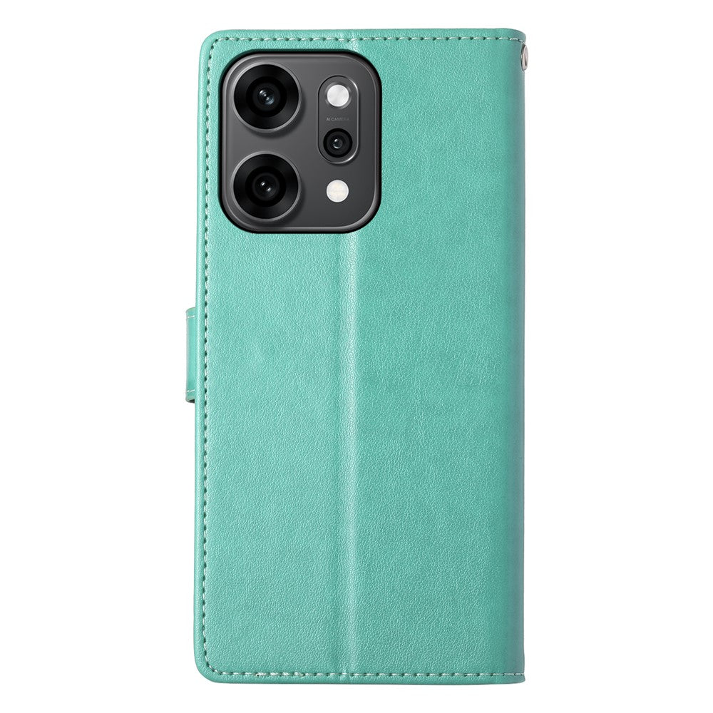 For Oppo Reno14 Pro 5G (Global) Wallet Case Butterfly Floral Imprint PU Leather Phone Cover with Wrist Strap - Green