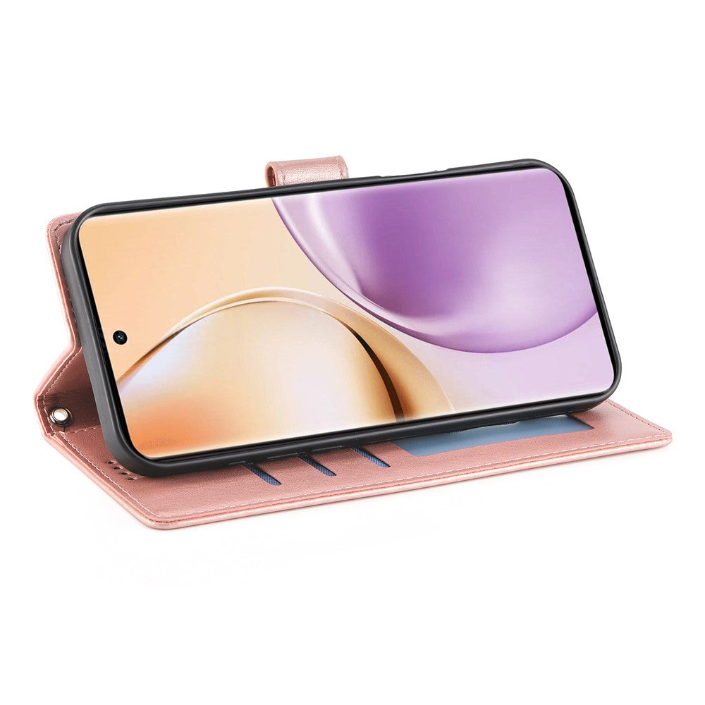 For Oppo Reno14 Pro 5G (Global) Wallet Case Butterfly Floral Imprint PU Leather Phone Cover with Wrist Strap - Rose Gold