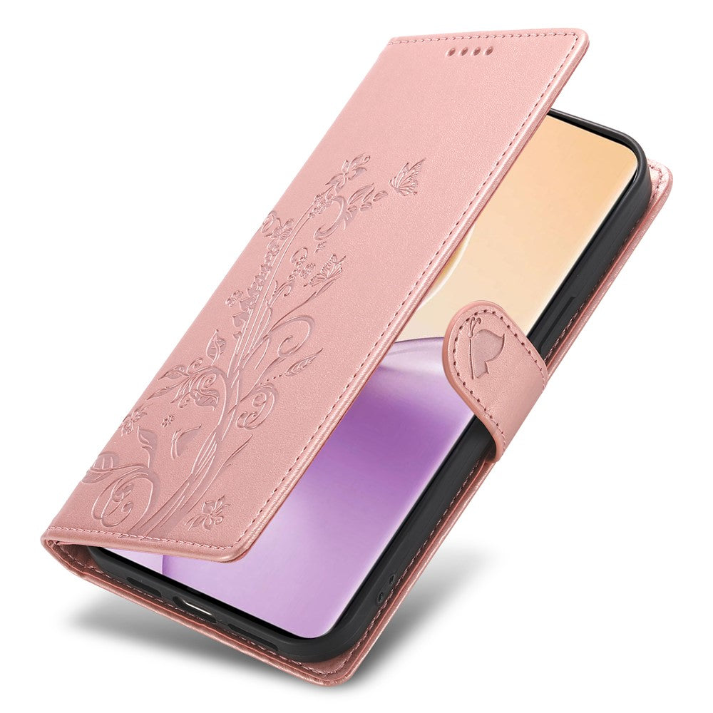 For Oppo Reno14 Pro 5G (Global) Wallet Case Butterfly Floral Imprint PU Leather Phone Cover with Wrist Strap - Rose Gold