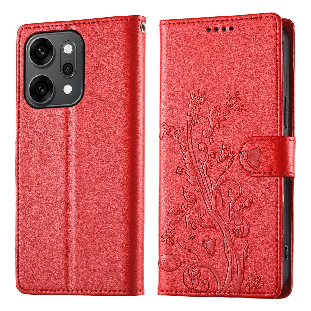 For Oppo Reno14 Pro 5G (Global) Wallet Case Butterfly Floral Imprint PU Leather Phone Cover with Wrist Strap - Red