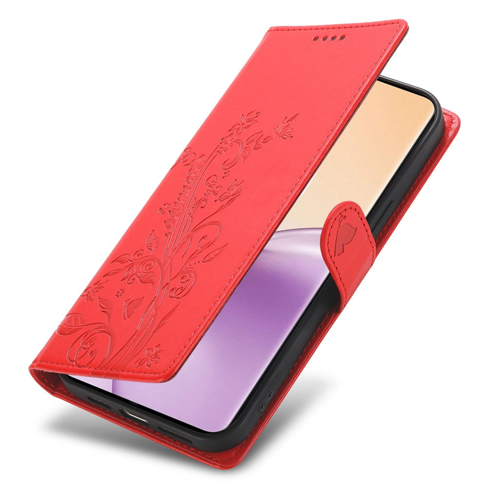 For Oppo Reno14 Pro 5G (Global) Wallet Case Butterfly Floral Imprint PU Leather Phone Cover with Wrist Strap - Red