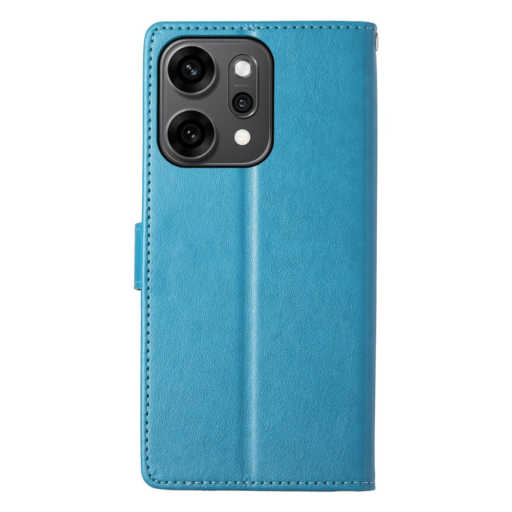 For Oppo Reno14 Pro 5G (Global) Wallet Case Butterfly Floral Imprint PU Leather Phone Cover with Wrist Strap - Blue