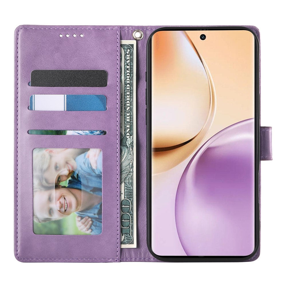 For Oppo Reno14 Pro 5G (Global) Wallet Case Butterfly Floral Imprint PU Leather Phone Cover with Wrist Strap - Purple