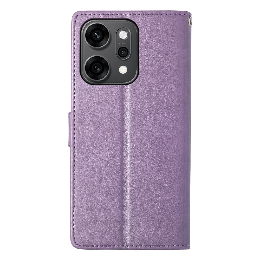 For Oppo Reno14 Pro 5G (Global) Wallet Case Butterfly Floral Imprint PU Leather Phone Cover with Wrist Strap - Purple