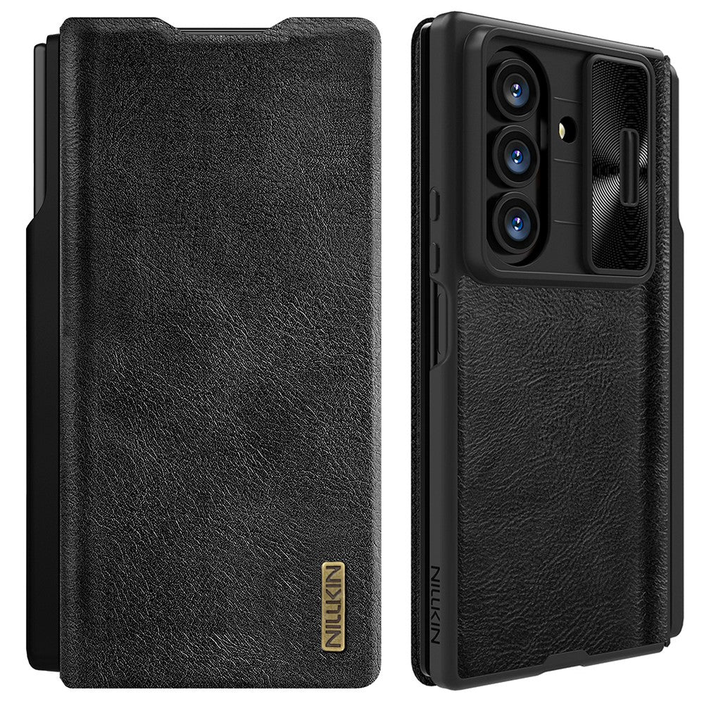 NILLKIN Qin Pro Series for Samsung Galaxy Z Fold7 5G Case with Card Slots Leather Phone Cover with Stylus - Black