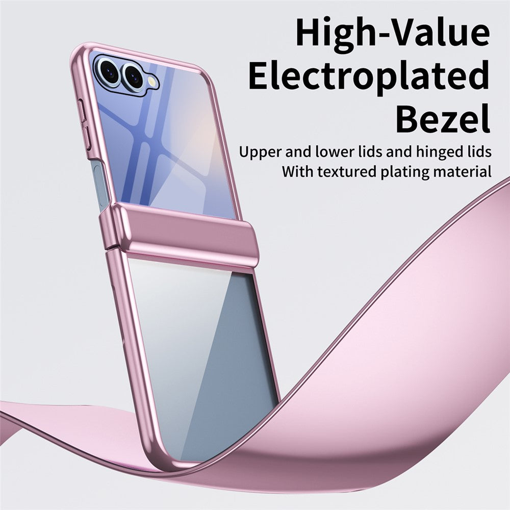For Samsung Galaxy Z Flip7 5G Case with Rear Screen Film Hinge Protection Electroplating Clear PC Phone Cover - Pink