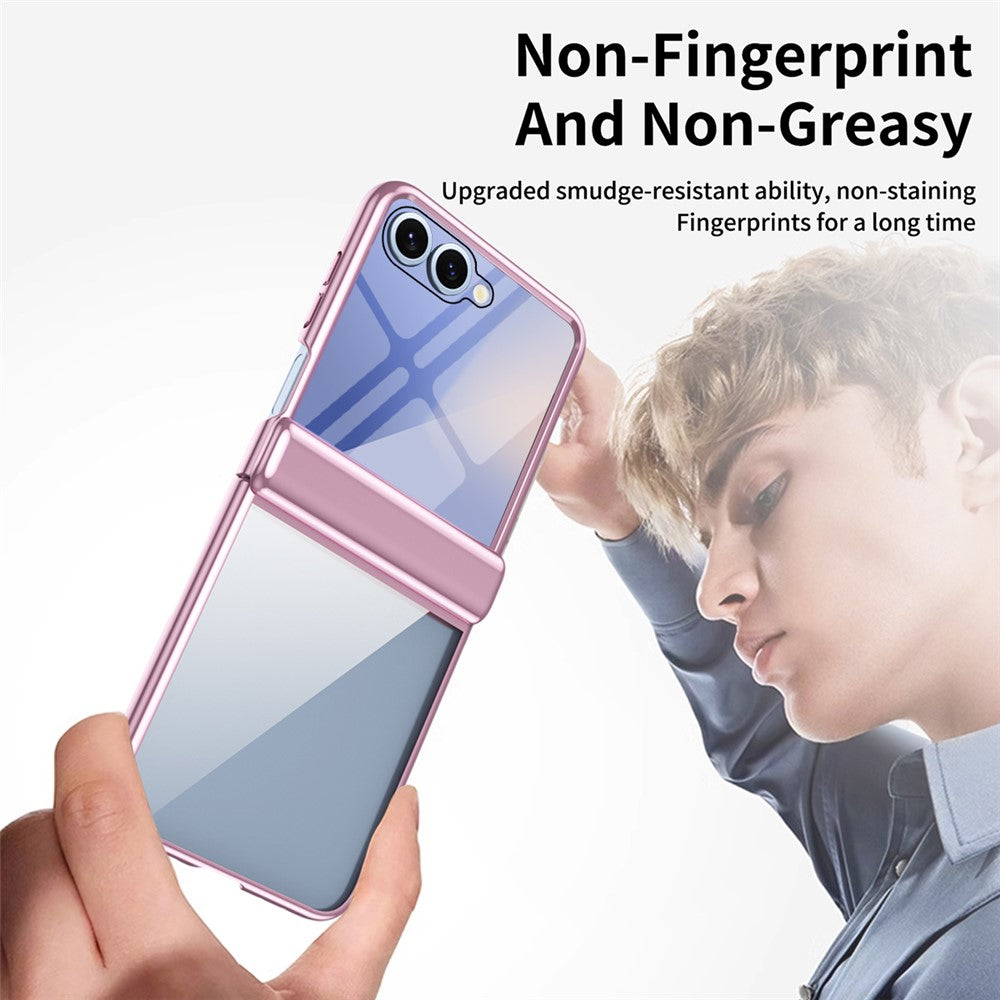 For Samsung Galaxy Z Flip7 5G Case with Rear Screen Film Hinge Protection Electroplating Clear PC Phone Cover - Pink