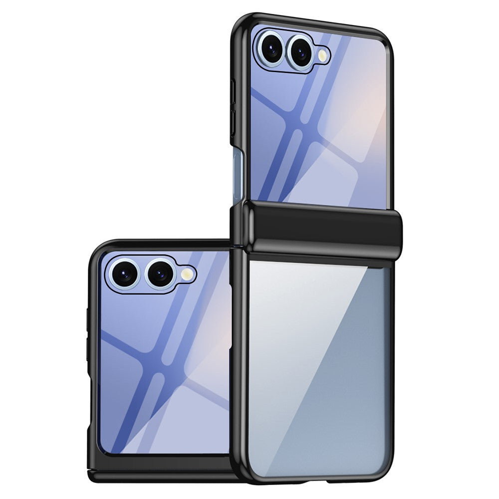 For Samsung Galaxy Z Flip7 5G Case with Rear Screen Film Hinge Protection Electroplating Clear PC Phone Cover - Black