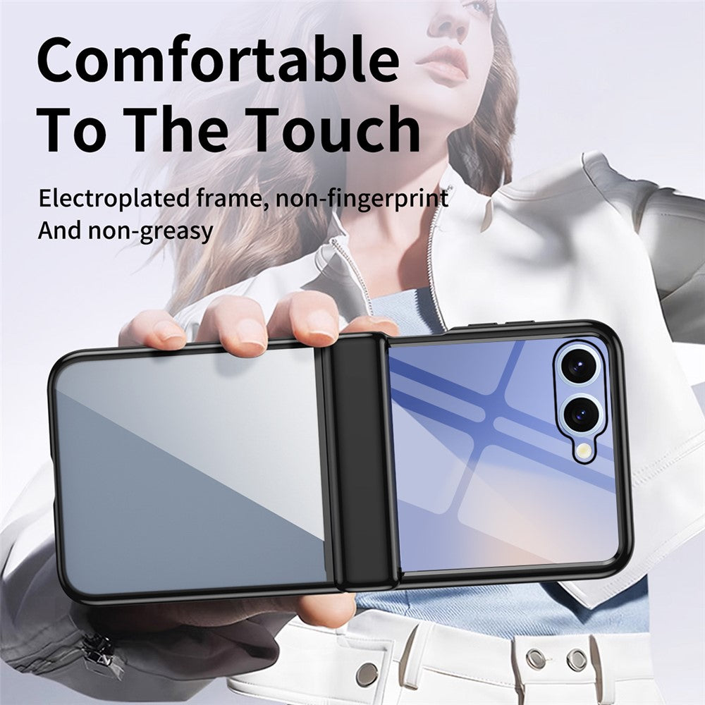 For Samsung Galaxy Z Flip7 5G Case with Rear Screen Film Hinge Protection Electroplating Clear PC Phone Cover - Black