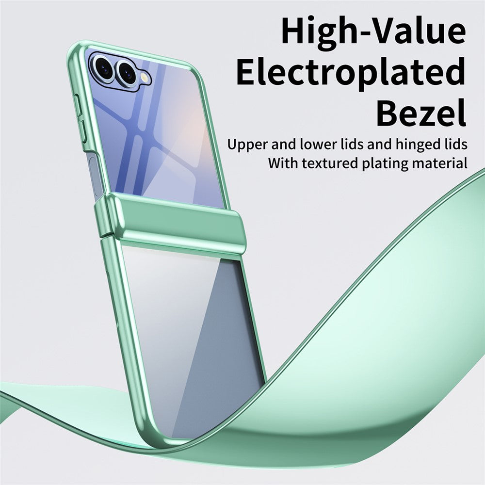 For Samsung Galaxy Z Flip7 5G Case with Rear Screen Film Hinge Protection Electroplating Clear PC Phone Cover - Green
