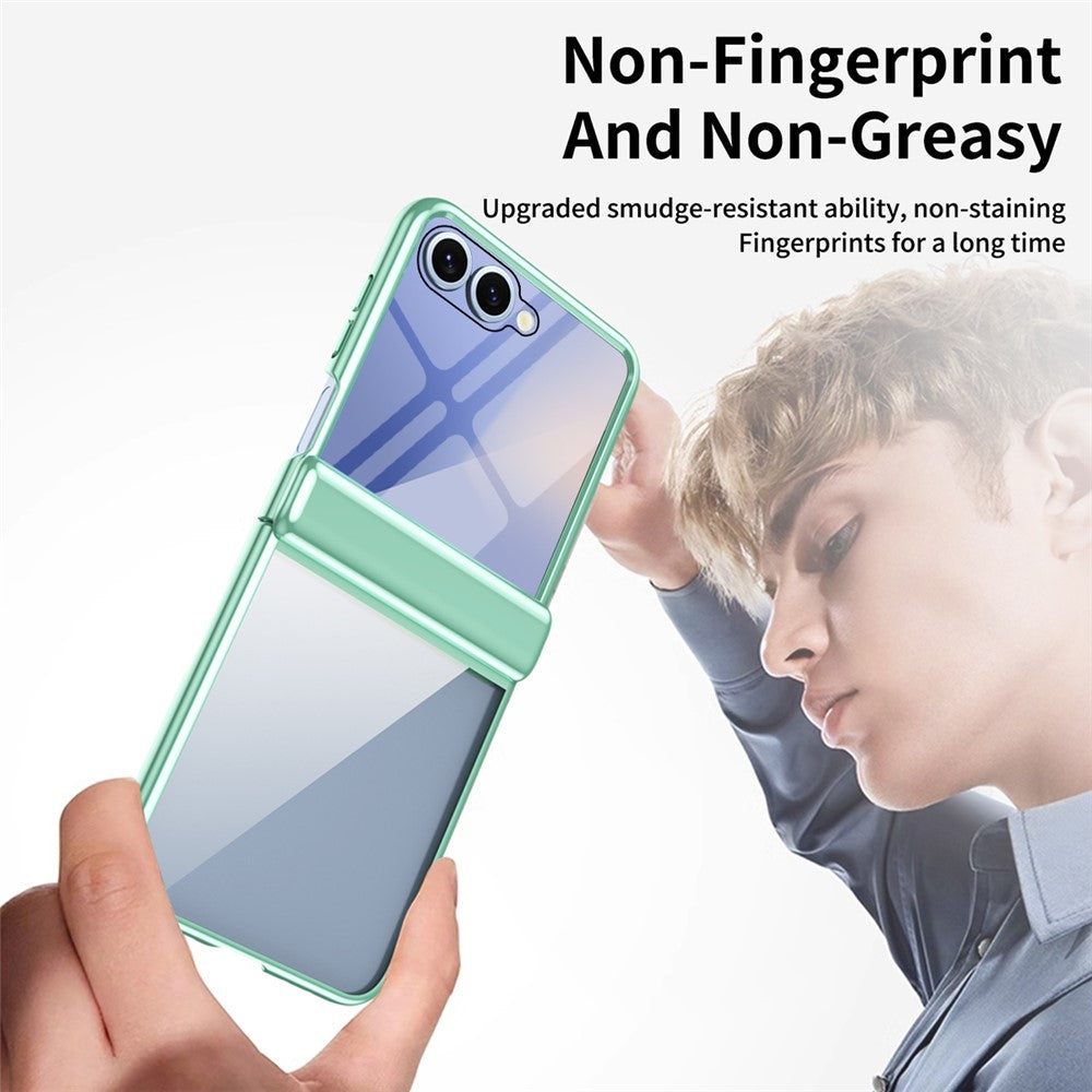 For Samsung Galaxy Z Flip7 5G Case with Rear Screen Film Hinge Protection Electroplating Clear PC Phone Cover - Green