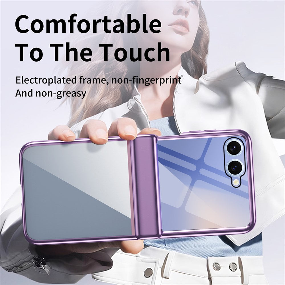 For Samsung Galaxy Z Flip7 5G Case with Rear Screen Film Hinge Protection Electroplating Clear PC Phone Cover - Purple