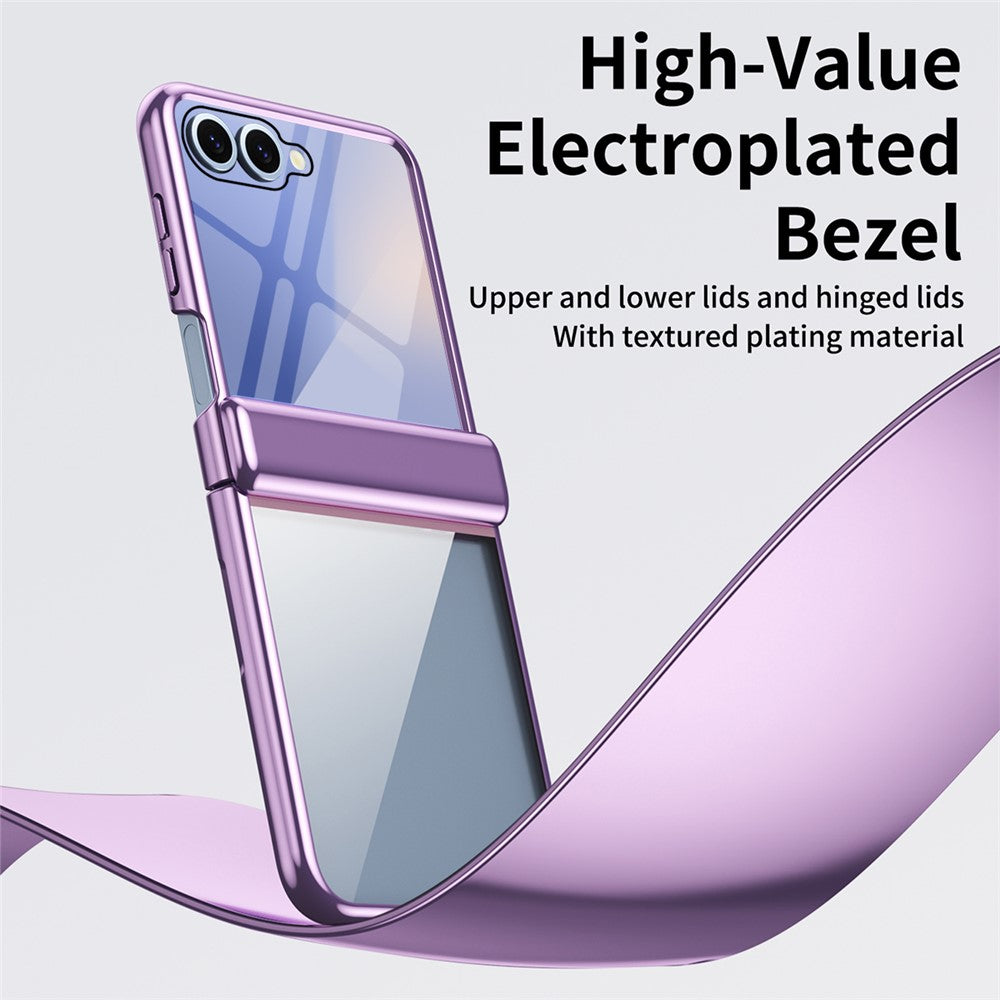 For Samsung Galaxy Z Flip7 5G Case with Rear Screen Film Hinge Protection Electroplating Clear PC Phone Cover - Purple