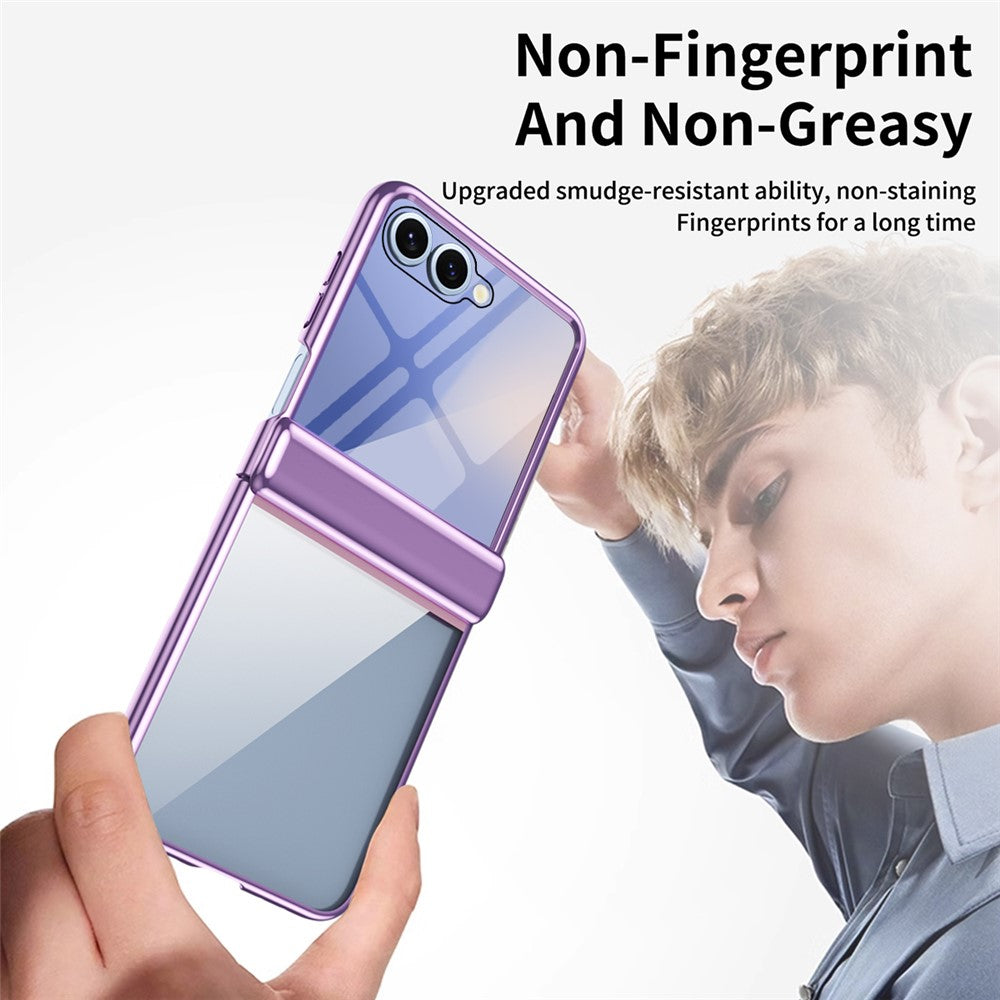 For Samsung Galaxy Z Flip7 5G Case with Rear Screen Film Hinge Protection Electroplating Clear PC Phone Cover - Purple