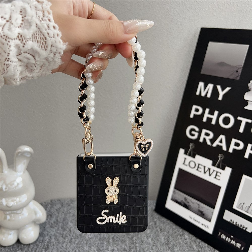 For Samsung Galaxy Z Flip7 5G Case Smile Rabbit PU + PC Phone Cover with Wrist Strap - Crocodile Texture