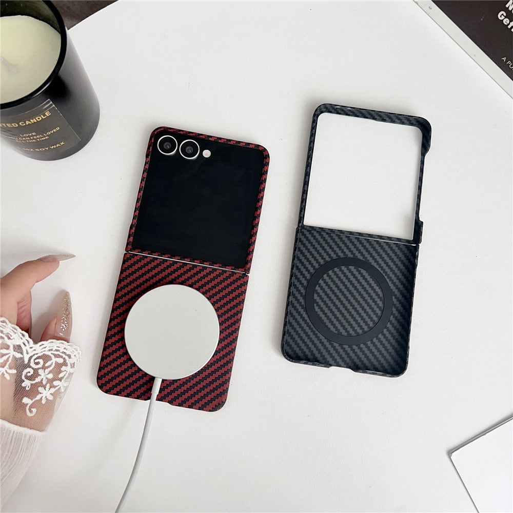 For Samsung Galaxy Z Flip7 5G Magnetic Case Carbon Fiber Texture Slim Shockproof PC Phone Cover - Red