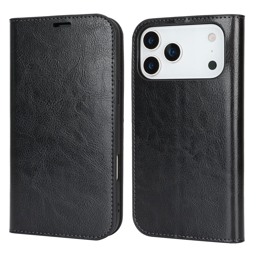 For iPhone 17 Pro Max Case Crazy Horse Texture Split Leather Wallet Phone Cover - Black