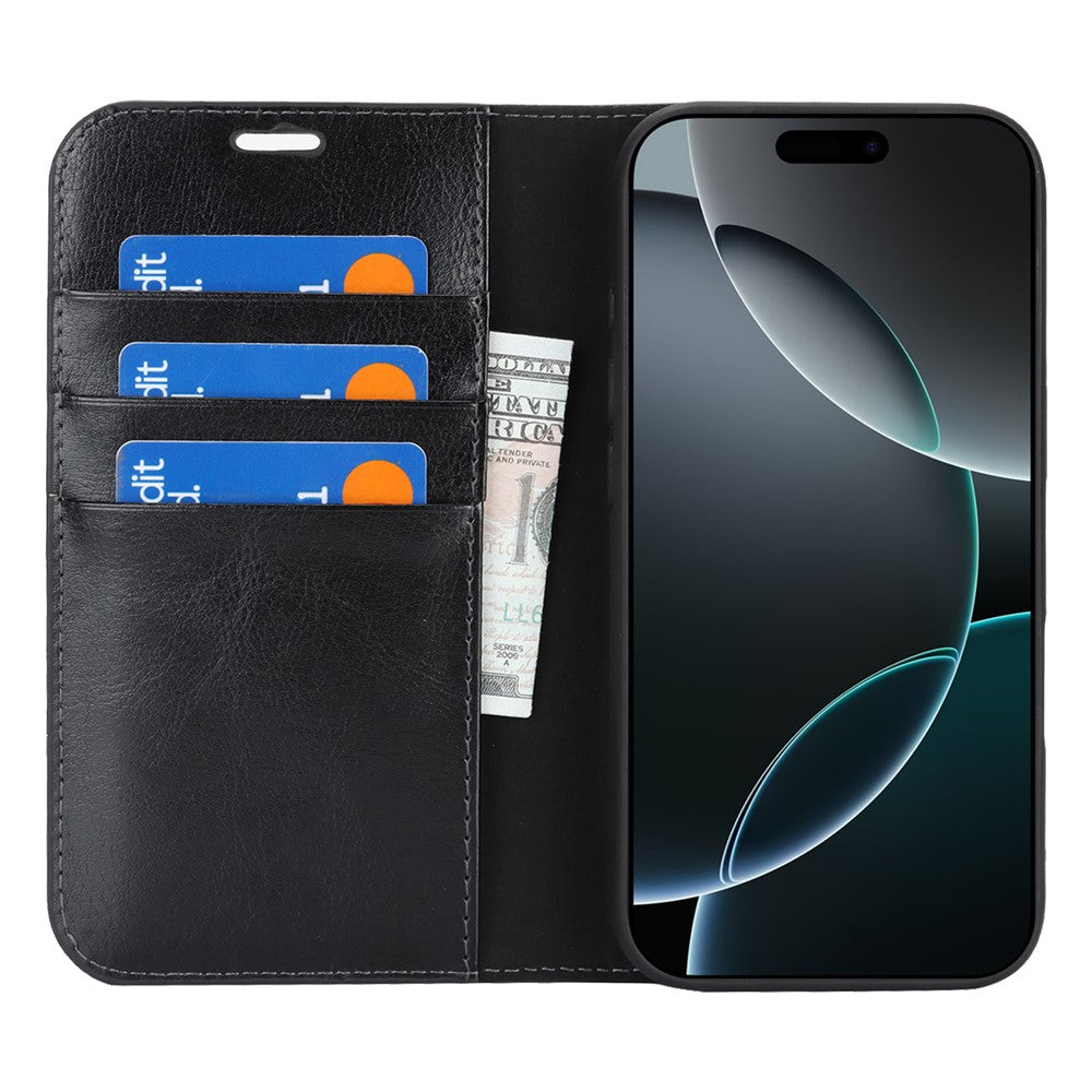 For iPhone 17 Pro Max Case Crazy Horse Texture Split Leather Wallet Phone Cover - Black