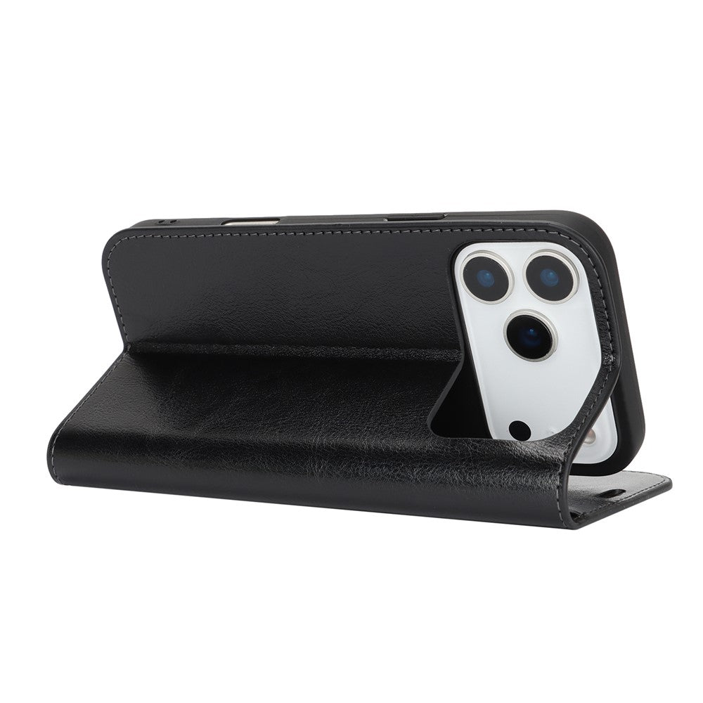 For iPhone 17 Pro Max Case Crazy Horse Texture Split Leather Wallet Phone Cover - Black