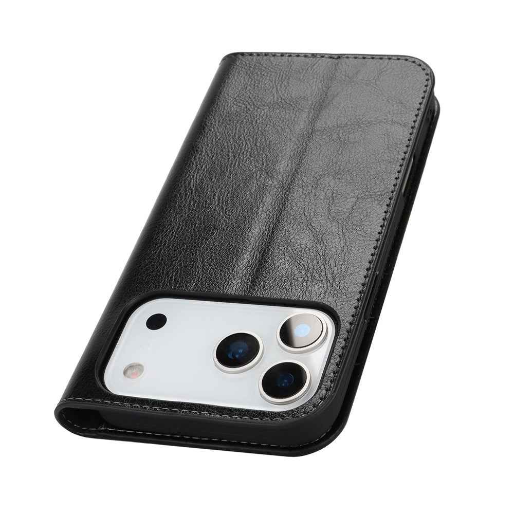 For iPhone 17 Pro Max Case Crazy Horse Texture Split Leather Wallet Phone Cover - Black