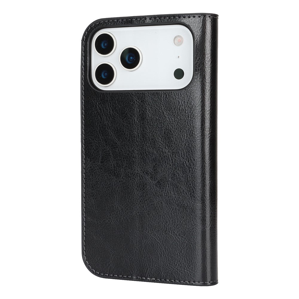 For iPhone 17 Pro Max Case Crazy Horse Texture Split Leather Wallet Phone Cover - Black