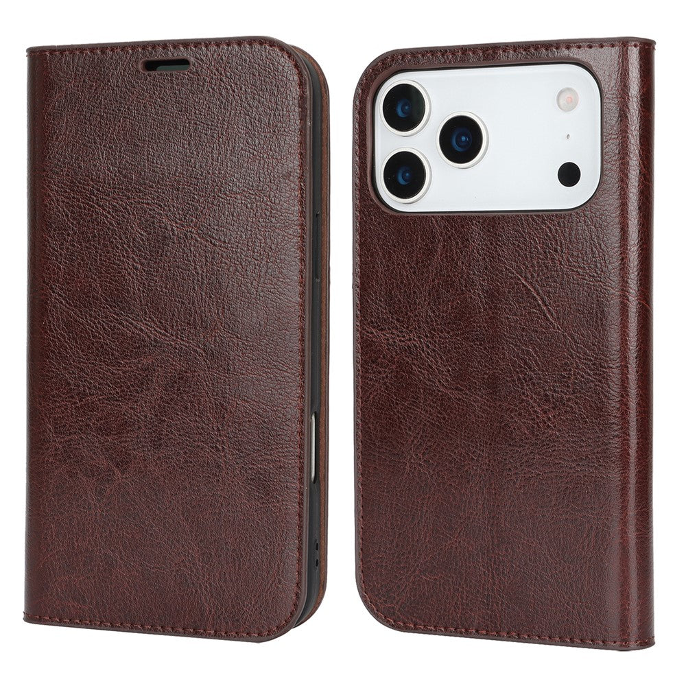 For iPhone 17 Pro Max Case Crazy Horse Texture Split Leather Wallet Phone Cover - Dark Brown