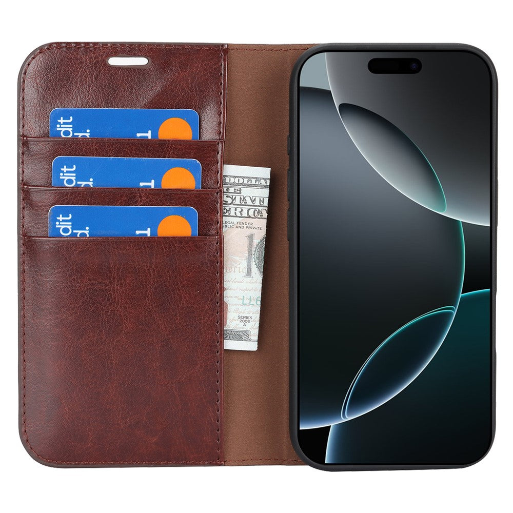 For iPhone 17 Pro Max Case Crazy Horse Texture Split Leather Wallet Phone Cover - Dark Brown