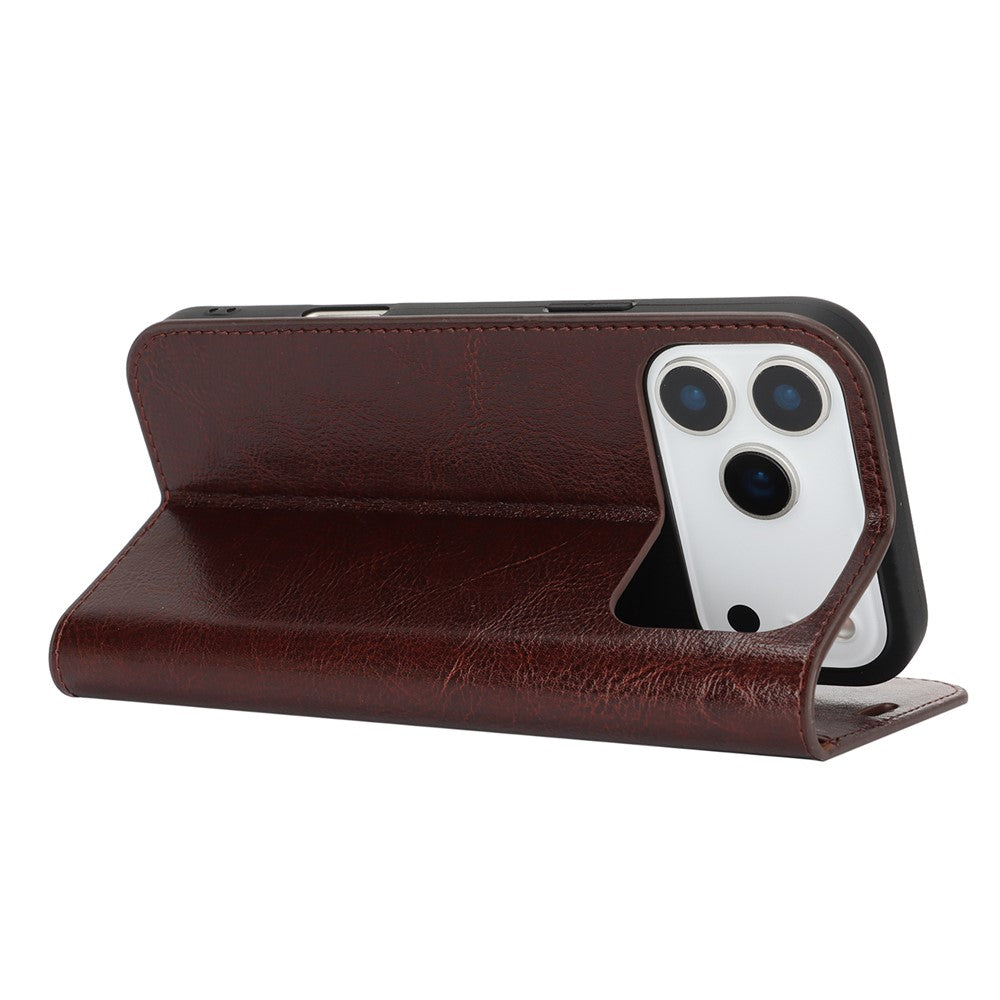 For iPhone 17 Pro Max Case Crazy Horse Texture Split Leather Wallet Phone Cover - Dark Brown