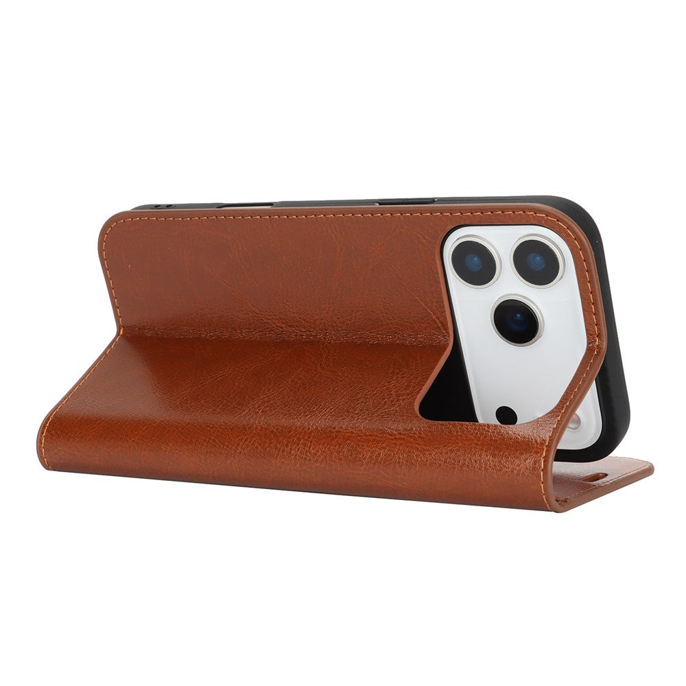 For iPhone 17 Pro Max Case Crazy Horse Texture Split Leather Wallet Phone Cover - Light Brown