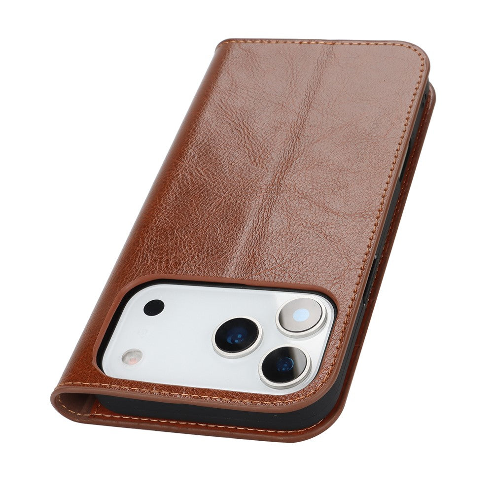 For iPhone 17 Pro Max Case Crazy Horse Texture Split Leather Wallet Phone Cover - Light Brown