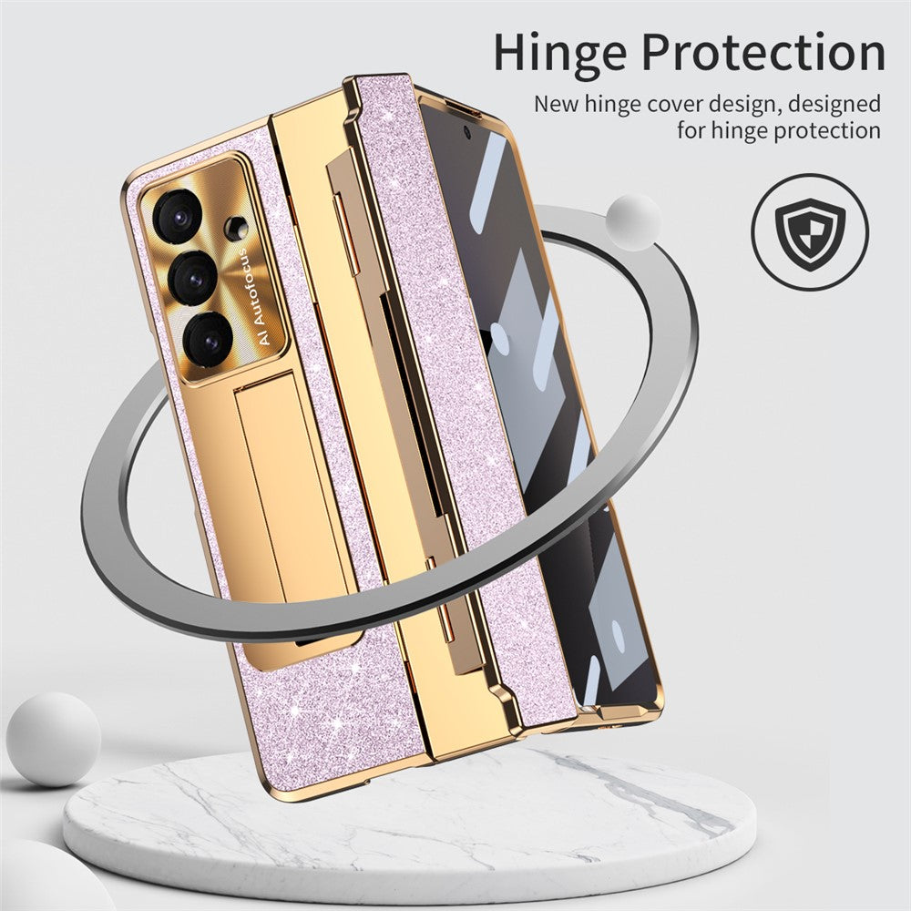 For Samsung Galaxy Z Fold7 5G Case with Kickstand Hinge Protection Rhinestone Glitter PC Phone Cover - Purple