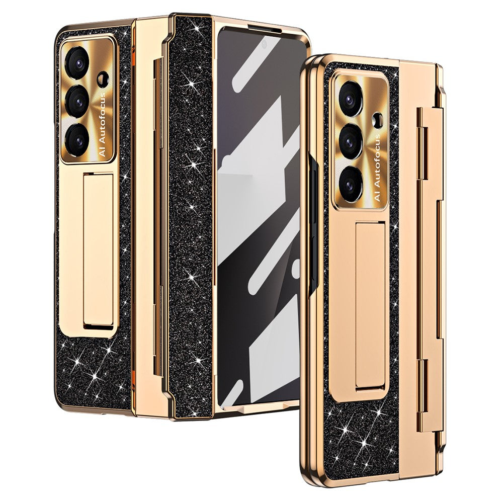 For Samsung Galaxy Z Fold7 5G Case with Kickstand Hinge Protection Rhinestone Glitter PC Phone Cover - Black