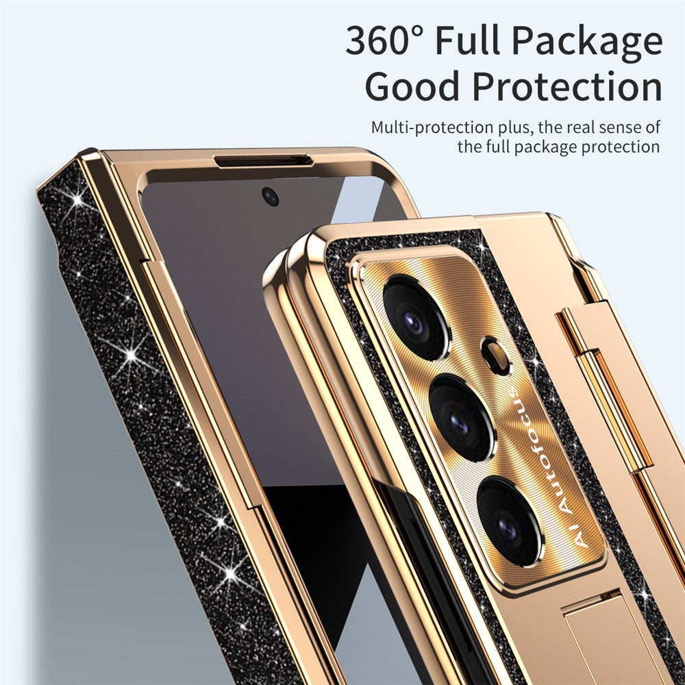 For Samsung Galaxy Z Fold7 5G Case with Kickstand Hinge Protection Rhinestone Glitter PC Phone Cover - Black