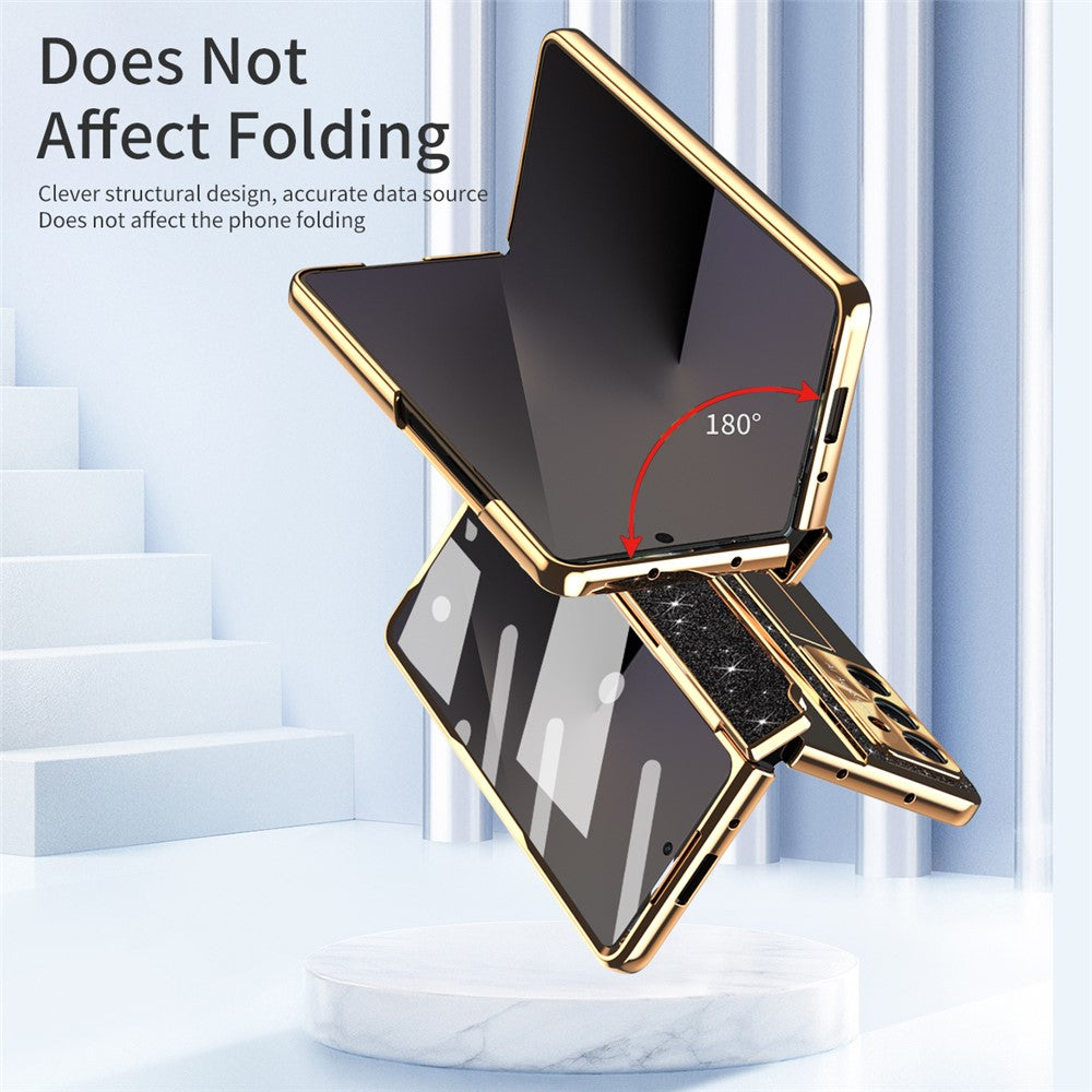 For Samsung Galaxy Z Fold7 5G Case with Kickstand Hinge Protection Rhinestone Glitter PC Phone Cover - Black