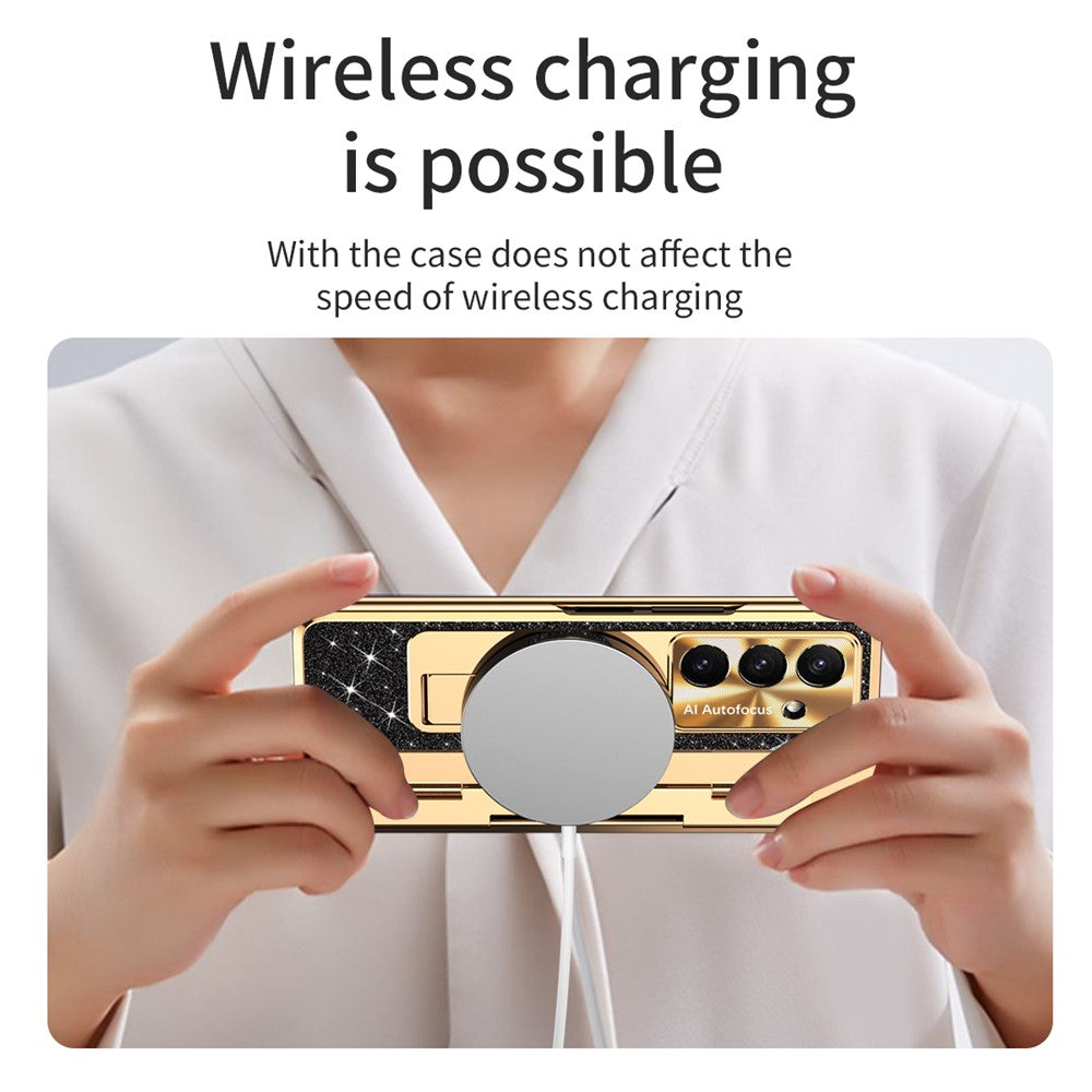 For Samsung Galaxy Z Fold7 5G Case with Kickstand Hinge Protection Rhinestone Glitter PC Phone Cover - Black