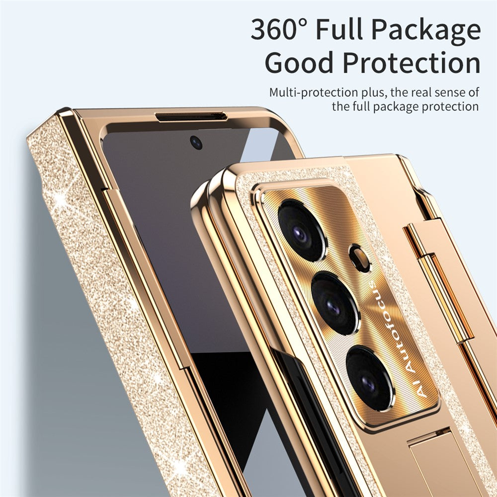 For Samsung Galaxy Z Fold7 5G Case with Kickstand Hinge Protection Rhinestone Glitter PC Phone Cover - Gold