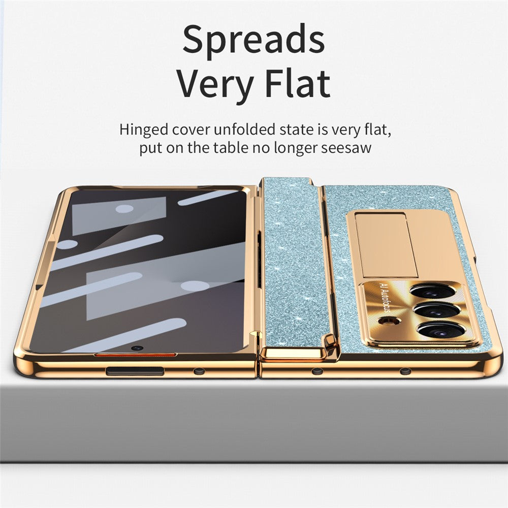 For Samsung Galaxy Z Fold7 5G Case with Kickstand Hinge Protection Rhinestone Glitter PC Phone Cover - Blue