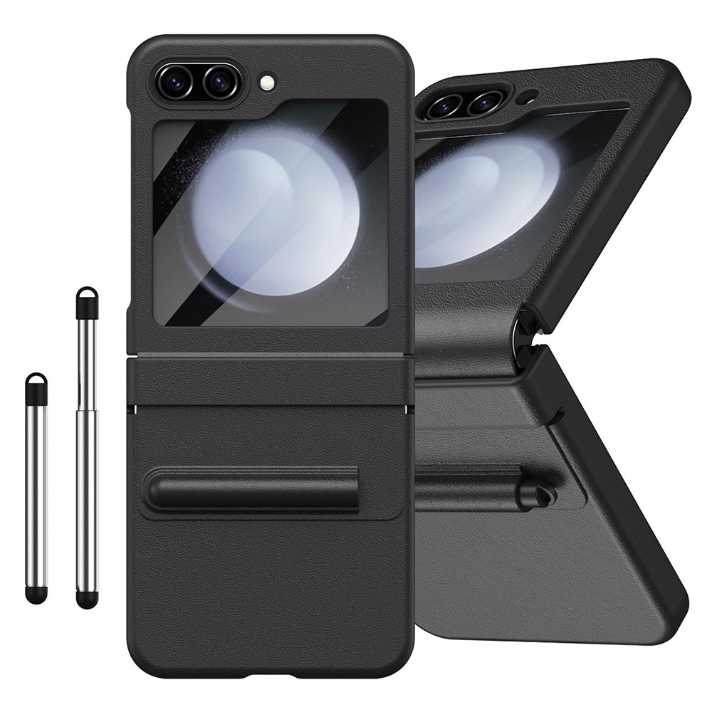 For Samsung Galaxy Z Flip7 FE 5G / Flip6 5G Hinge PU Leather PC Phone Cover with Stylus / Tempered Glass Film - Black