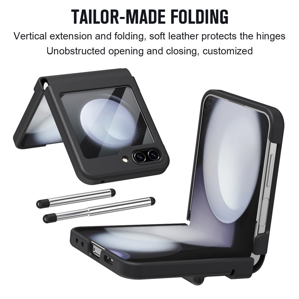 For Samsung Galaxy Z Flip7 FE 5G / Flip6 5G Hinge PU Leather PC Phone Cover with Stylus / Tempered Glass Film - Black