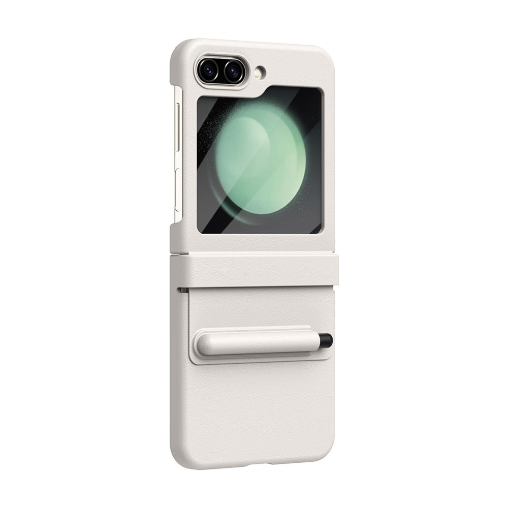 For Samsung Galaxy Z Flip7 FE 5G  /  Flip6 5G Hinge PU Leather PC Phone Cover with Stylus  /  Tempered Glass Film - White