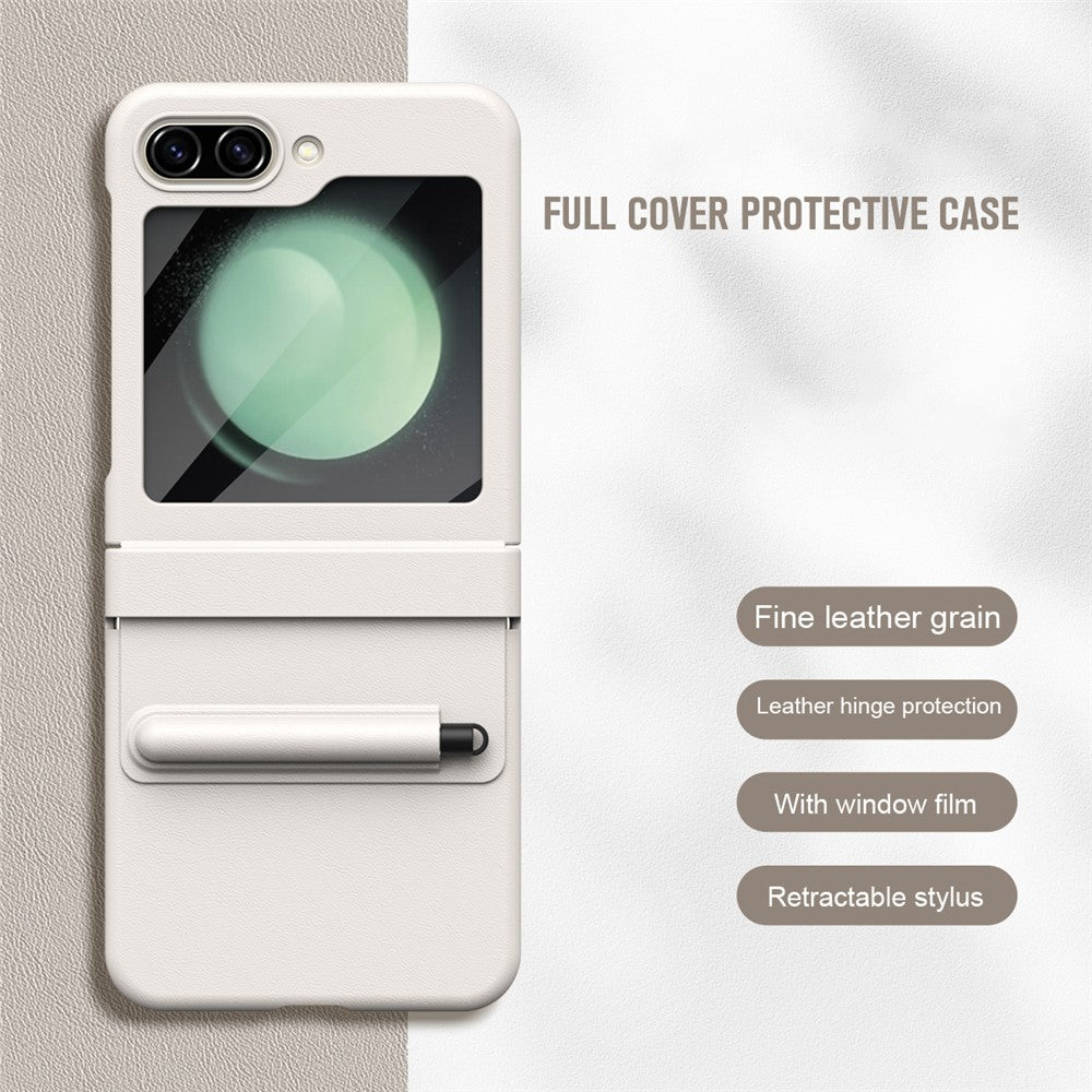 For Samsung Galaxy Z Flip7 FE 5G  /  Flip6 5G Hinge PU Leather PC Phone Cover with Stylus  /  Tempered Glass Film - White