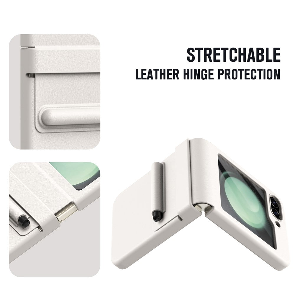 For Samsung Galaxy Z Flip7 FE 5G  /  Flip6 5G Hinge PU Leather PC Phone Cover with Stylus  /  Tempered Glass Film - White
