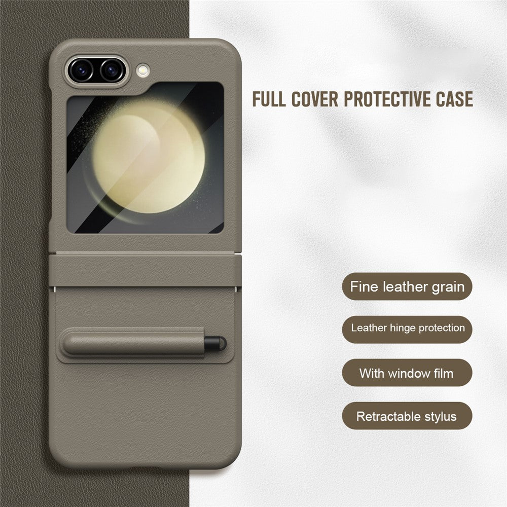 For Samsung Galaxy Z Flip7 FE 5G  /  Flip6 5G Hinge PU Leather PC Phone Cover with Stylus  /  Tempered Glass Film - Light Coffee