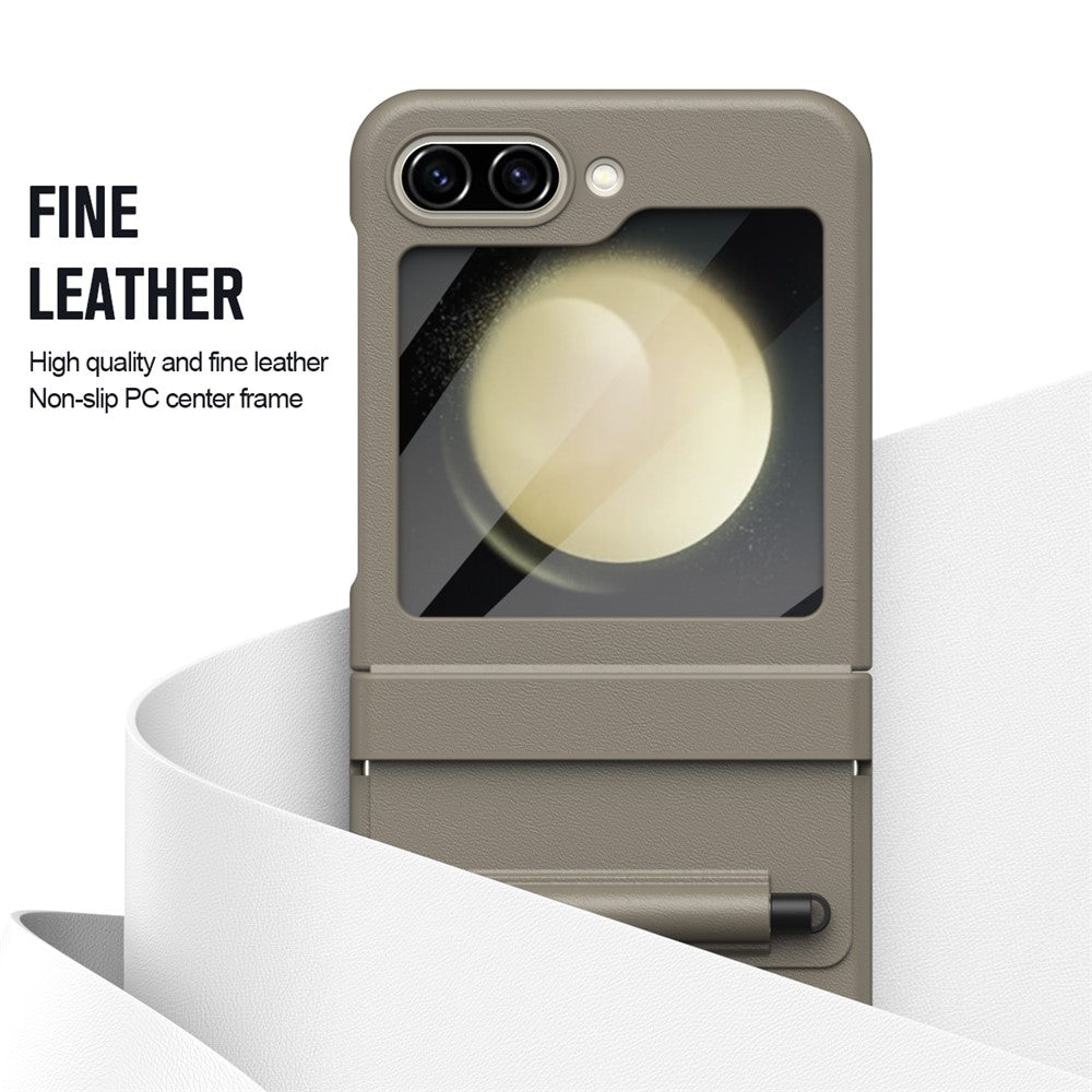 For Samsung Galaxy Z Flip7 FE 5G  /  Flip6 5G Hinge PU Leather PC Phone Cover with Stylus  /  Tempered Glass Film - Light Coffee