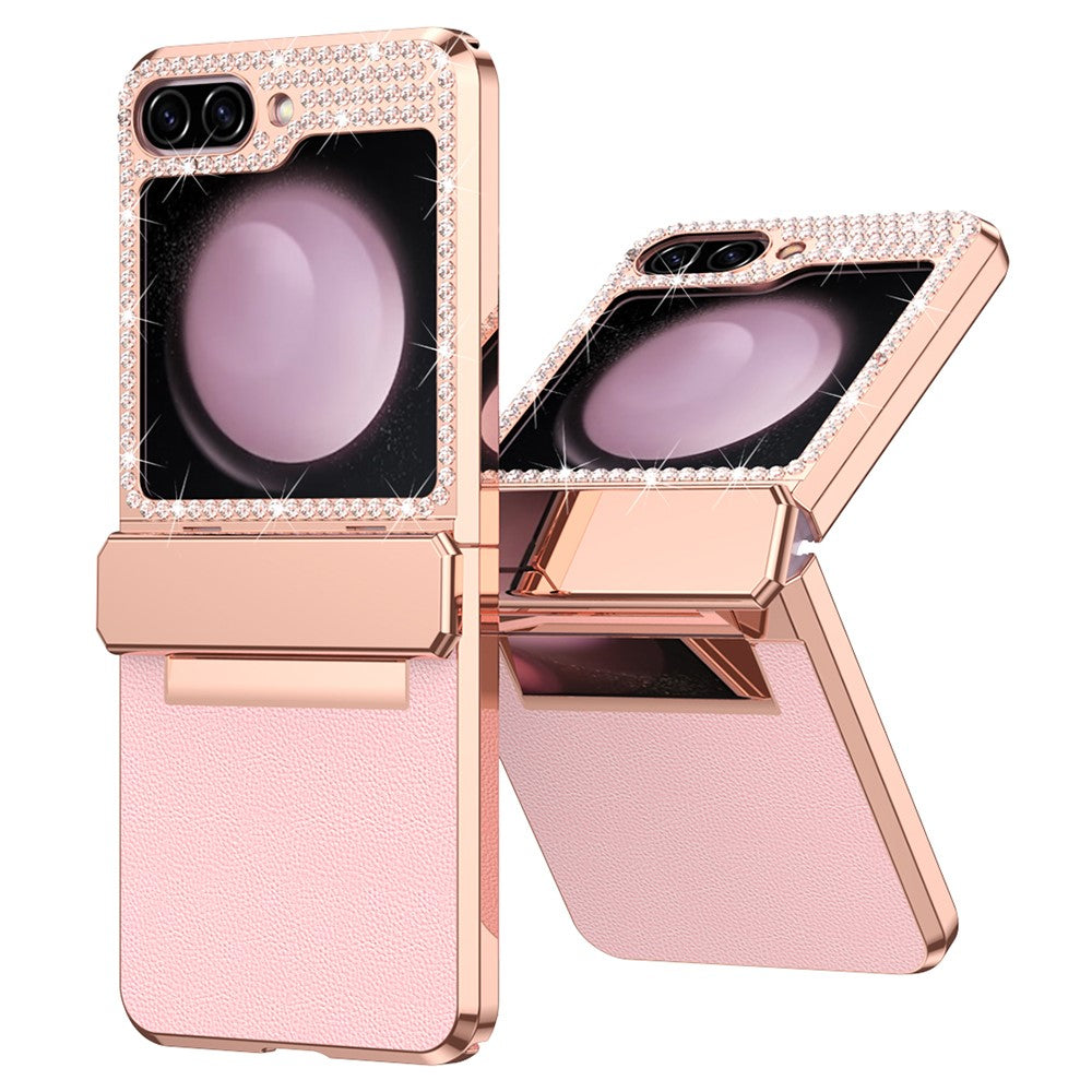 For Samsung Galaxy Z Flip7 FE 5G / Flip6 5G Case Rhinestone Decoration Electroplating PU Leather + PC Phone Cover - Pink