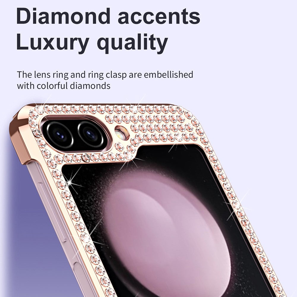 For Samsung Galaxy Z Flip7 FE 5G / Flip6 5G Case Rhinestone Decoration Electroplating PU Leather + PC Phone Cover - Black