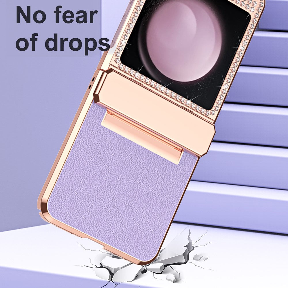 For Samsung Galaxy Z Flip7 FE 5G  /  Flip6 5G Case Rhinestone Decoration Electroplating PU Leather + PC Phone Cover - Gold